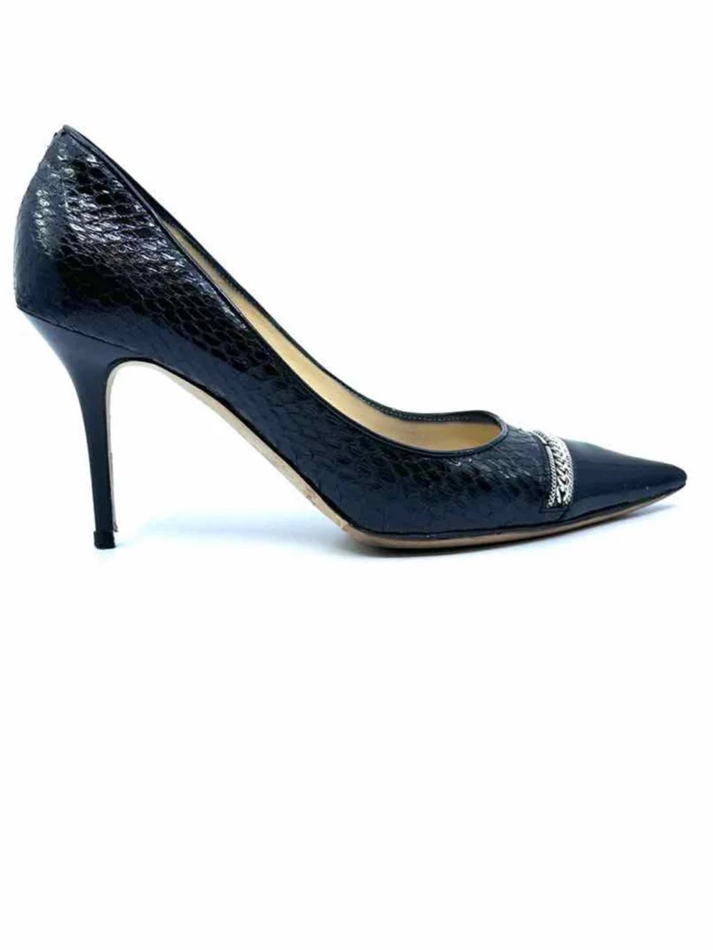 Jimmy Choo Black Snake-Embossed Pointed Toe Stiletto with Silver Chain Accent